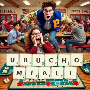 Kreatywna ilustracja do gry w Scrabble ze słowem URUCHOMIALI ułożonym z płytek na planszy.