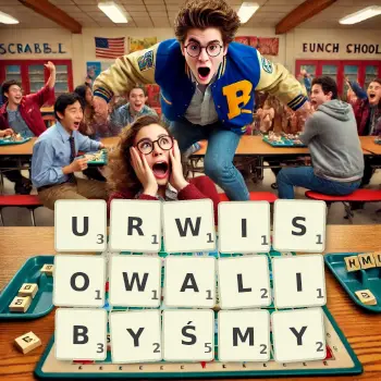 Kreatywna ilustracja do gry w Scrabble ze słowem URWISOWALIBYŚMY ułożonym z płytek na planszy.