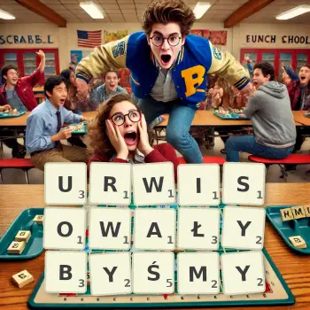 Kreatywna ilustracja do gry w Scrabble ze słowem URWISOWAŁYBYŚMY ułożonym z płytek na planszy.