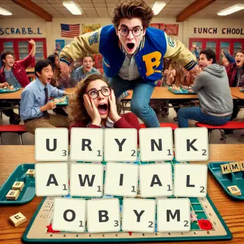 Kreatywna ilustracja do gry w Scrabble ze słowem URYNKAWIALOBYM ułożonym z płytek na planszy.