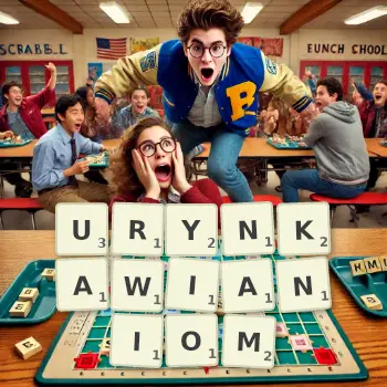 Kreatywna ilustracja do gry w Scrabble ze słowem URYNKAWIANIOM ułożonym z płytek na planszy.