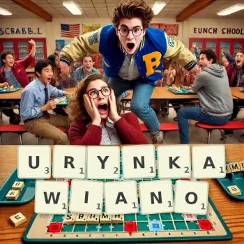 Kreatywna ilustracja do gry w Scrabble ze słowem URYNKAWIANO ułożonym z płytek na planszy.