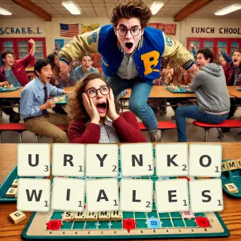 Kreatywna ilustracja do gry w Scrabble ze słowem URYNKOWIALES ułożonym z płytek na planszy.