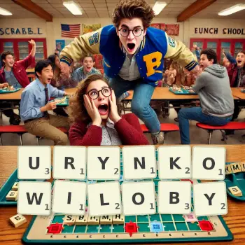 Kreatywna ilustracja do gry w Scrabble ze słowem URYNKOWILOBY ułożonym z płytek na planszy.