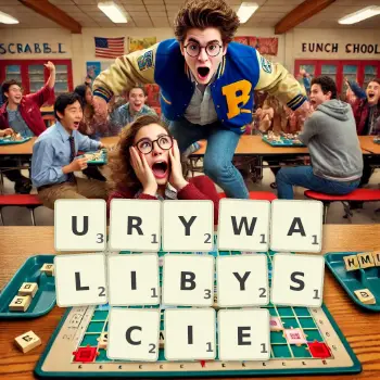 Kreatywna ilustracja do gry w Scrabble ze słowem URYWALIBYSCIE ułożonym z płytek na planszy.