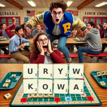 Kreatywna ilustracja do gry w Scrabble ze słowem URYWKOWA ułożonym z płytek na planszy.