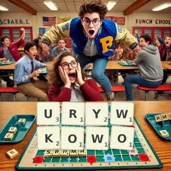 Kreatywna ilustracja do gry w Scrabble ze słowem URYWKOWO ułożonym z płytek na planszy.