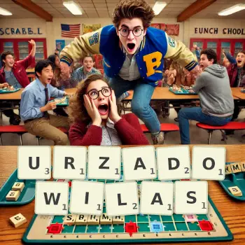 Kreatywna ilustracja do gry w Scrabble ze słowem URZADOWILAS ułożonym z płytek na planszy.