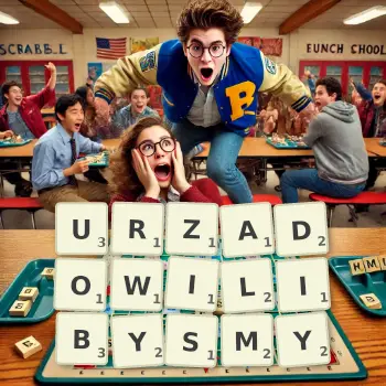 Kreatywna ilustracja do gry w Scrabble ze słowem URZADOWILIBYSMY ułożonym z płytek na planszy.