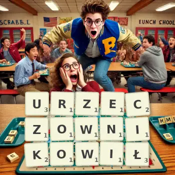 Kreatywna ilustracja do gry w Scrabble ze słowem URZECZOWNIKOWIŁ ułożonym z płytek na planszy.