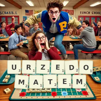 Kreatywna ilustracja do gry w Scrabble ze słowem URZEDOMATEM ułożonym z płytek na planszy.