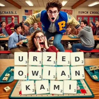 Kreatywna ilustracja do gry w Scrabble ze słowem URZEDOWIANKAMI ułożonym z płytek na planszy.