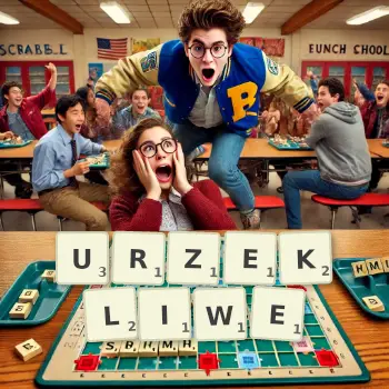 Kreatywna ilustracja do gry w Scrabble ze słowem URZEKLIWE ułożonym z płytek na planszy.