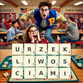 Kreatywna ilustracja do gry w Scrabble ze słowem URZEKLIWOSCIAMI ułożonym z płytek na planszy.