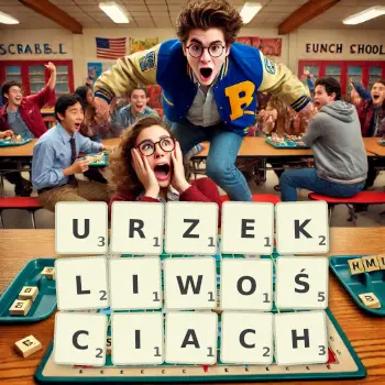 Kreatywna ilustracja do gry w Scrabble ze słowem URZEKLIWOŚCIACH ułożonym z płytek na planszy.
