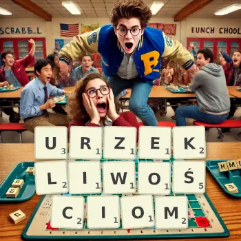 Kreatywna ilustracja do gry w Scrabble ze słowem URZEKLIWOŚCIOM ułożonym z płytek na planszy.