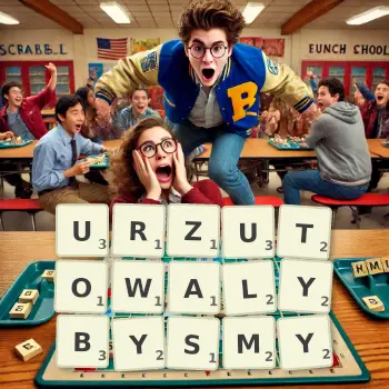 Kreatywna ilustracja do gry w Scrabble ze słowem URZUTOWALYBYSMY ułożonym z płytek na planszy.