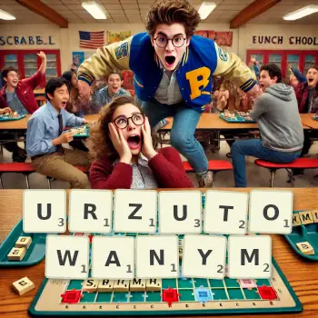 Kreatywna ilustracja do gry w Scrabble ze słowem URZUTOWANYM ułożonym z płytek na planszy.