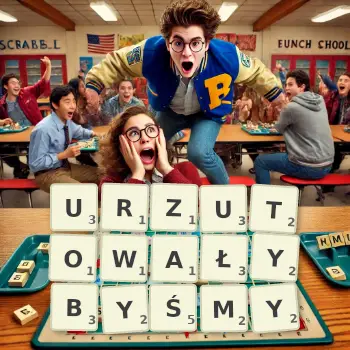 Kreatywna ilustracja do gry w Scrabble ze słowem URZUTOWAŁYBYŚMY ułożonym z płytek na planszy.
