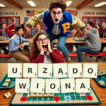 Kreatywna ilustracja do gry w Scrabble ze słowem URZĄDOWIONA ułożonym z płytek na planszy.