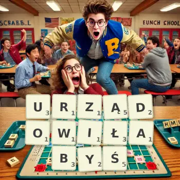 Kreatywna ilustracja do gry w Scrabble ze słowem URZĄDOWIŁABYŚ ułożonym z płytek na planszy.