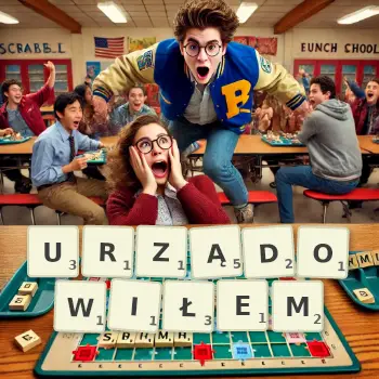 Kreatywna ilustracja do gry w Scrabble ze słowem URZĄDOWIŁEM ułożonym z płytek na planszy.