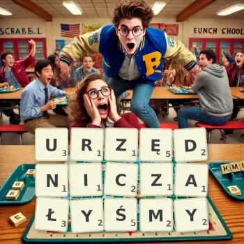 Kreatywna ilustracja do gry w Scrabble ze słowem URZĘDNICZAŁYŚMY ułożonym z płytek na planszy.