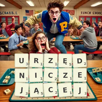 Kreatywna ilustracja do gry w Scrabble ze słowem URZĘDNICZEJĄCEJ ułożonym z płytek na planszy.