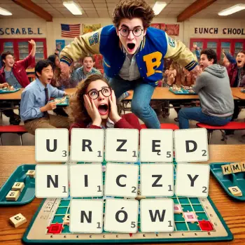 Kreatywna ilustracja do gry w Scrabble ze słowem URZĘDNICZYNÓW ułożonym z płytek na planszy.