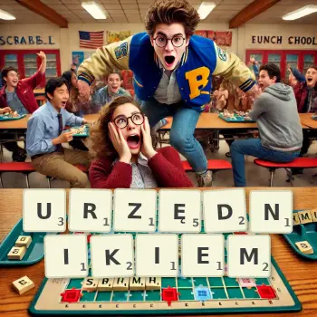 Kreatywna ilustracja do gry w Scrabble ze słowem URZĘDNIKIEM ułożonym z płytek na planszy.