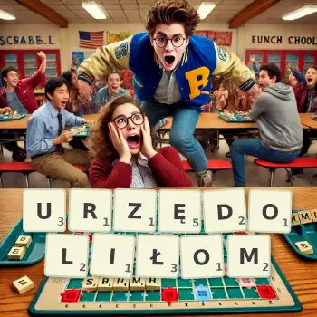 Kreatywna ilustracja do gry w Scrabble ze słowem URZĘDOLIŁOM ułożonym z płytek na planszy.