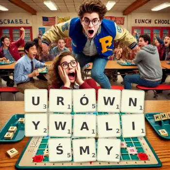 Kreatywna ilustracja do gry w Scrabble ze słowem URÓWNYWALIŚMY ułożonym z płytek na planszy.