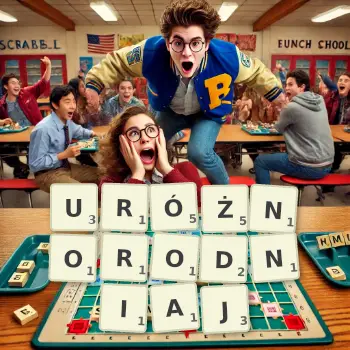 Kreatywna ilustracja do gry w Scrabble ze słowem URÓŻNORODNIAJ ułożonym z płytek na planszy.