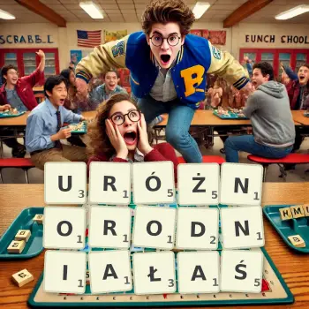 Kreatywna ilustracja do gry w Scrabble ze słowem URÓŻNORODNIAŁAŚ ułożonym z płytek na planszy.