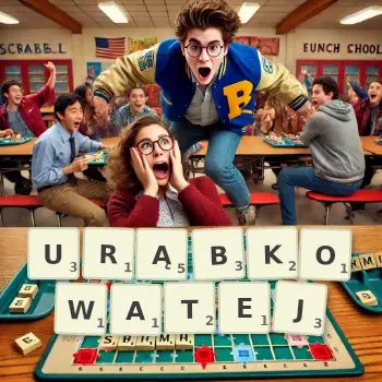 Kreatywna ilustracja do gry w Scrabble ze słowem URĄBKOWATEJ ułożonym z płytek na planszy.