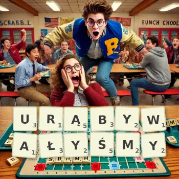 Kreatywna ilustracja do gry w Scrabble ze słowem URĄBYWAŁYŚMY ułożonym z płytek na planszy.