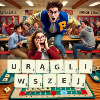 Kreatywna ilustracja do gry w Scrabble ze słowem URĄGLIWSZEJ ułożonym z płytek na planszy.