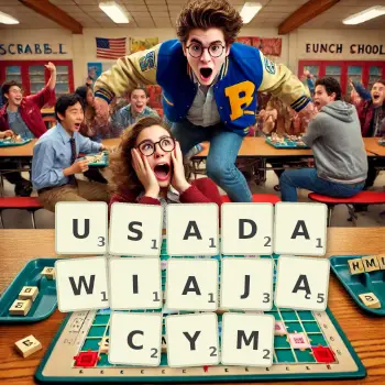 Kreatywna ilustracja do gry w Scrabble ze słowem USADAWIAJĄCYM ułożonym z płytek na planszy.