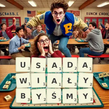 Kreatywna ilustracja do gry w Scrabble ze słowem USADAWIAŁYBYŚMY ułożonym z płytek na planszy.