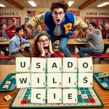 Kreatywna ilustracja do gry w Scrabble ze słowem USADOWILIŚCIE ułożonym z płytek na planszy.