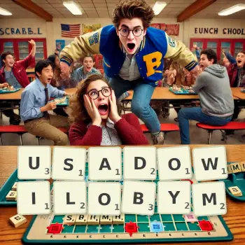 Kreatywna ilustracja do gry w Scrabble ze słowem USADOWILOBYM ułożonym z płytek na planszy.