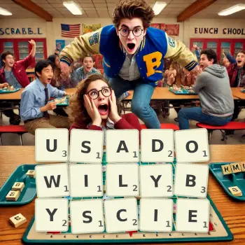 Kreatywna ilustracja do gry w Scrabble ze słowem USADOWILYBYSCIE ułożonym z płytek na planszy.