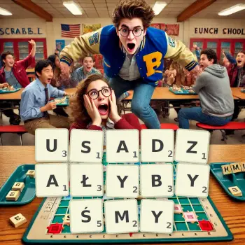Kreatywna ilustracja do gry w Scrabble ze słowem USADZAŁYBYŚMY ułożonym z płytek na planszy.