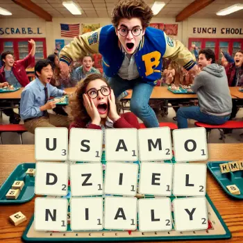 Kreatywna ilustracja do gry w Scrabble ze słowem USAMODZIELNIALY ułożonym z płytek na planszy.