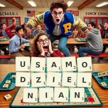 Kreatywna ilustracja do gry w Scrabble ze słowem USAMODZIELNIAN ułożonym z płytek na planszy.