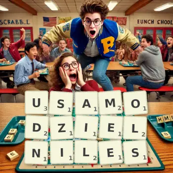 Kreatywna ilustracja do gry w Scrabble ze słowem USAMODZIELNILES ułożonym z płytek na planszy.