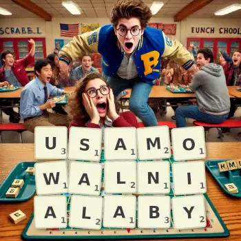 Kreatywna ilustracja do gry w Scrabble ze słowem USAMOWALNIALABY ułożonym z płytek na planszy.