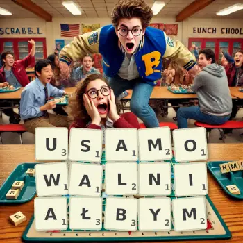 Kreatywna ilustracja do gry w Scrabble ze słowem USAMOWALNIAŁBYM ułożonym z płytek na planszy.