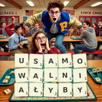 Kreatywna ilustracja do gry w Scrabble ze słowem USAMOWALNIAŁYBY ułożonym z płytek na planszy.
