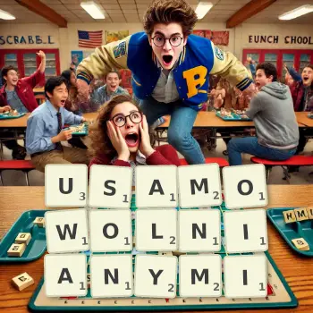 Kreatywna ilustracja do gry w Scrabble ze słowem USAMOWOLNIANYMI ułożonym z płytek na planszy.